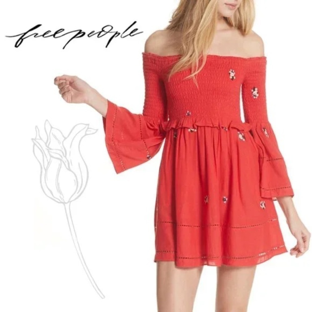 Free People Red Counting Daises Off-Shoulder Dress‎